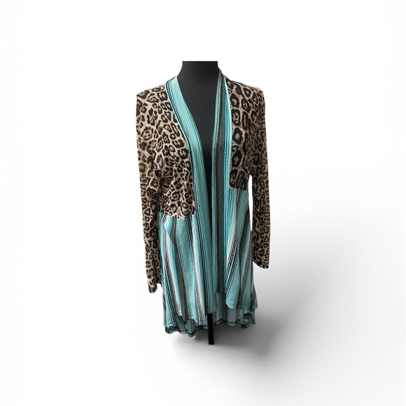 Crazy Train Sweaters - Crazy Train Leopard Serape Cardigan L Teal Western Boho Duster Open Front